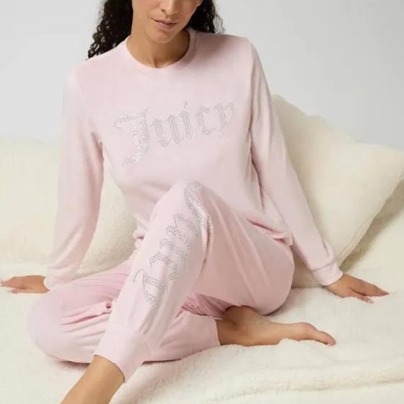 JUICY COUTURE 2pc Pink Velour Rhinestone Logo Soft Cozy Long Sleeve Pajama Set L - Picture 3 of 9